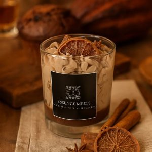 Chocolate Cinnamon – Scented Candle in a glass jar with wax embellishments and festive accents. Dessert candles