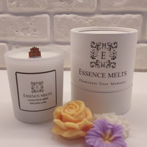 Calm Your Mind Candle in a frosted glass, placed on a neutral-toned surface with soft natural lighting. Spa Candles