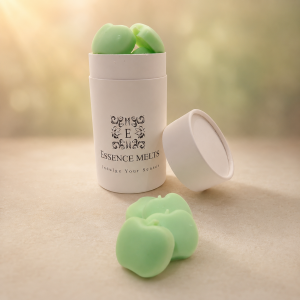 Apple Crumble scented wax melts shaped like green apples in Essence Melts packaging