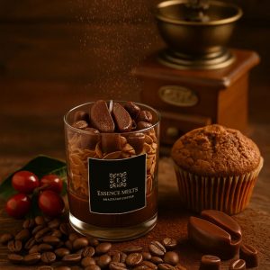 Brazilian Coffee - candle in a glass jar with decorative coffee bean-shaped wax pieces, gold accents, and pearl ornaments. Dessert candles