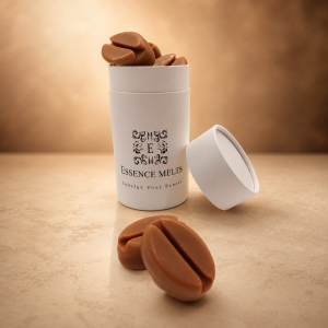 Brazilian Coffee scented wax melts shaped like coffee beans in Essence Melts packaging