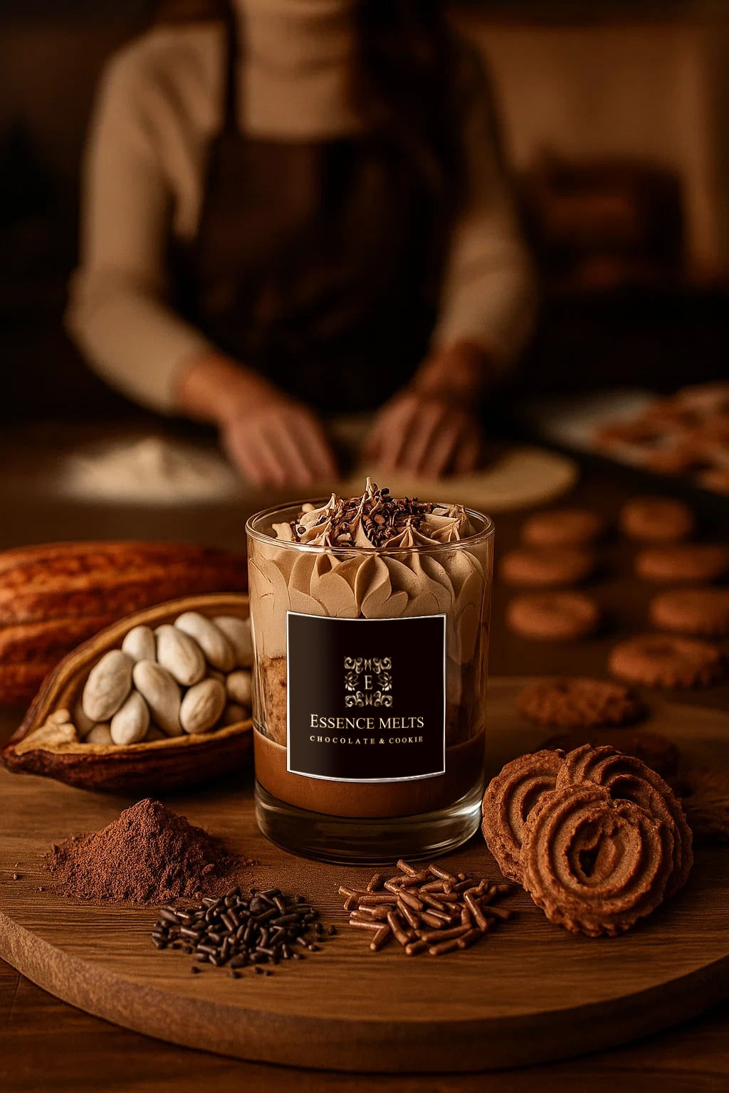 Chocolate Cookie - candle in a glass jar with whipped topping, chocolate sprinkles, and realistic cookie-shaped wax accents. Dessert Candles that look and smell like sweet treats. Hand-poured in coconut/soy wax with delicious bakery-inspired scents. Dessert Candles