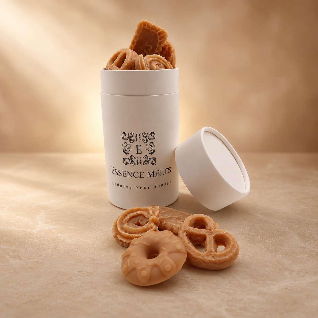 Chocolate Cookie scented wax melts in assorted biscuit shapes with Essence Melts packaging