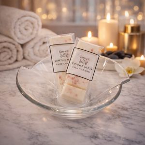 Essence Melts Calm Your Mind handmade soy wax melt bars in relaxing spa background with towels and candles