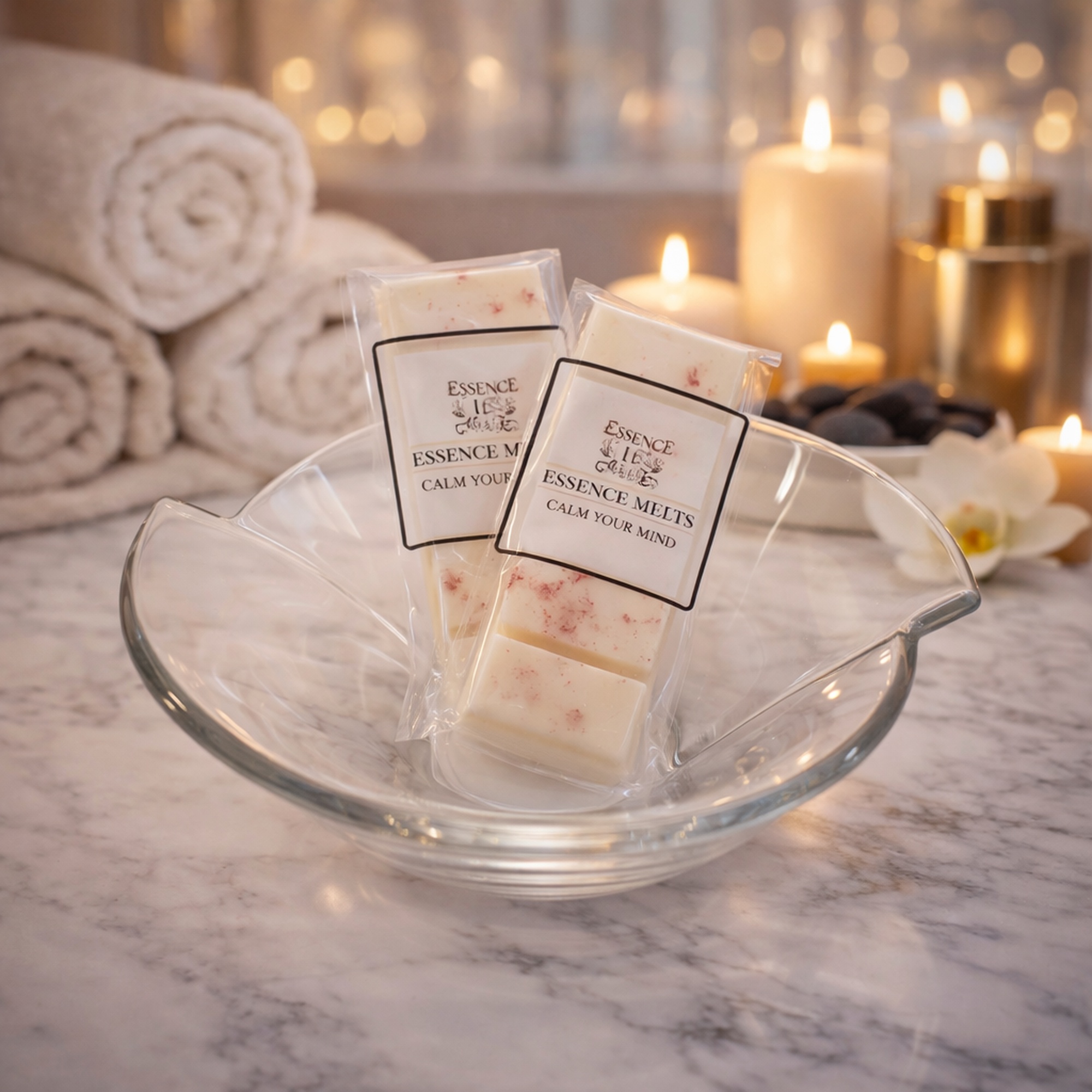 Essence Melts Calm Your Mind handmade soy wax melt bars in relaxing spa background with towels and candles