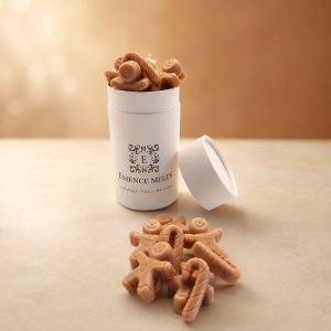 Gingerbread scented wax melts shaped like gingerbread figures and candy canes in Essence Melts packaging
