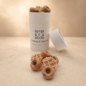 Gourmet Pastry scented wax melts in doughnut and waffle shapes with Essence Melts packaging