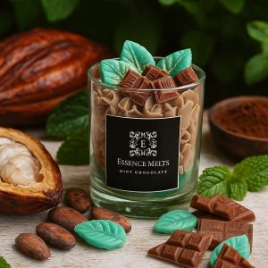 Mint Chocolate - candle in a glass jar with whipped topping, green mint leaf wax accents, and chocolate bar-shaped wax pieces, displayed with pearl ornaments. Dessert candles