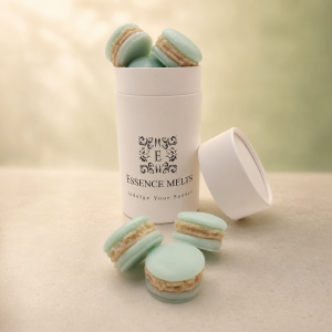 Pistachio scented wax melts in macaron-inspired shapes with Essence Melts packaging