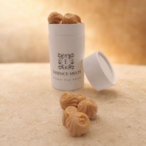 Salted Butter Caramel scented wax melts with gold accents in Essence Melts packaging