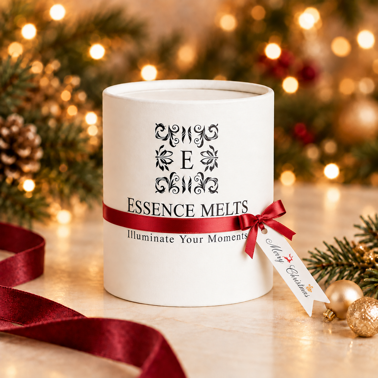 White Essence Melts candle gift box with a red satin ribbon and Merry Christmas tag, surrounded by greenery and golden lights.
