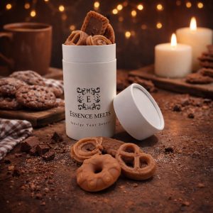 Chocolate Cookie scented wax melts in Essence Melts container styled with chocolate pieces, cookies and warm candlelight background.