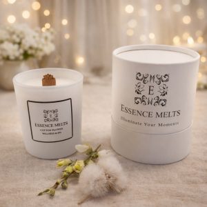 Cotton Flower - Candle in elegant white glass jar on neutral background. Spa Candles