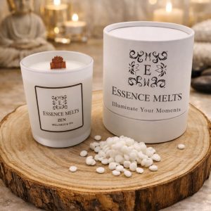 Zen candle in a white glass container with a cherry wood wick, styled to evoke calm and tranquility. Spa Candles