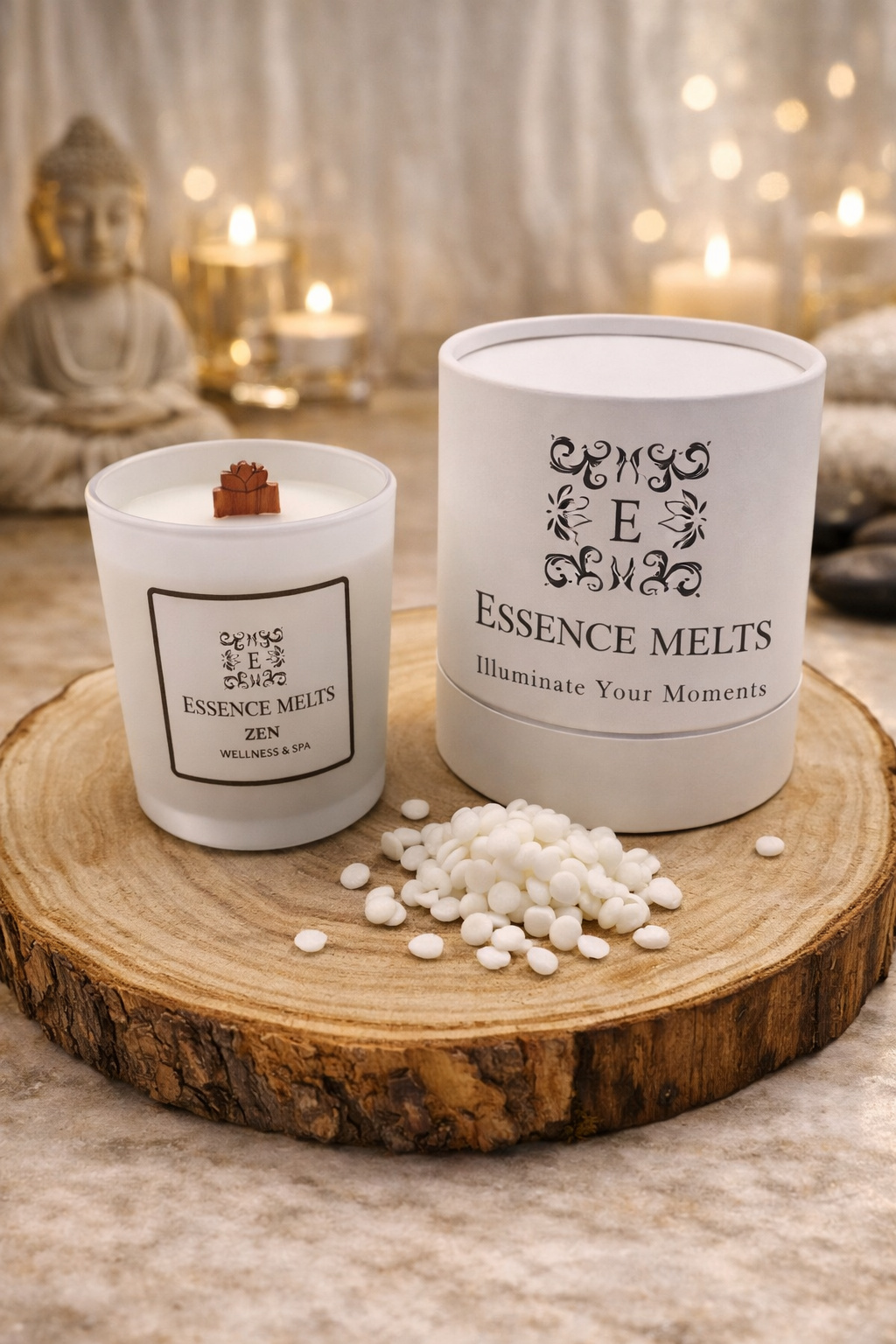 Zen candle in a white glass container with a cherry wood wick, styled to evoke calm and tranquility. Spa Candles