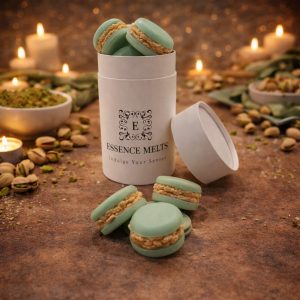 Pistachio scented wax melts styled as macarons in Essence Melts container with pistachio nuts and cozy candlelight background.