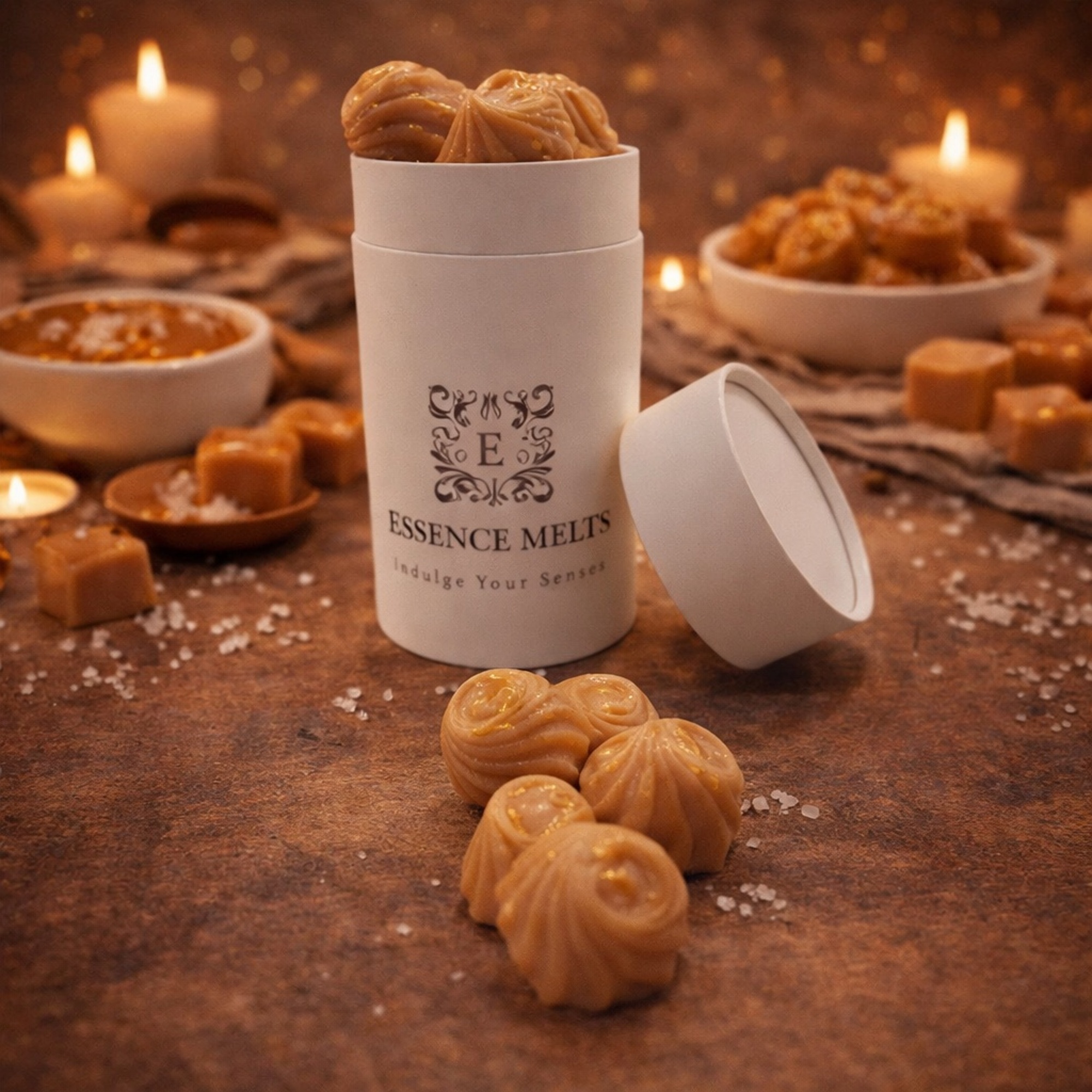 Salted Butter Caramel scented wax melts in Essence Melts container styled with caramel cubes, sea salt and cozy candlelight background.
