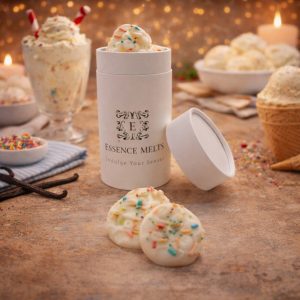 Vanilla Ice Cream scented wax melts with colorful sprinkles in white Essence Melts container, styled with ice cream and dessert background.