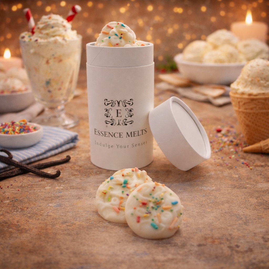 Vanilla Ice Cream scented wax melts with colorful sprinkles in white Essence Melts container, styled with ice cream and dessert background.