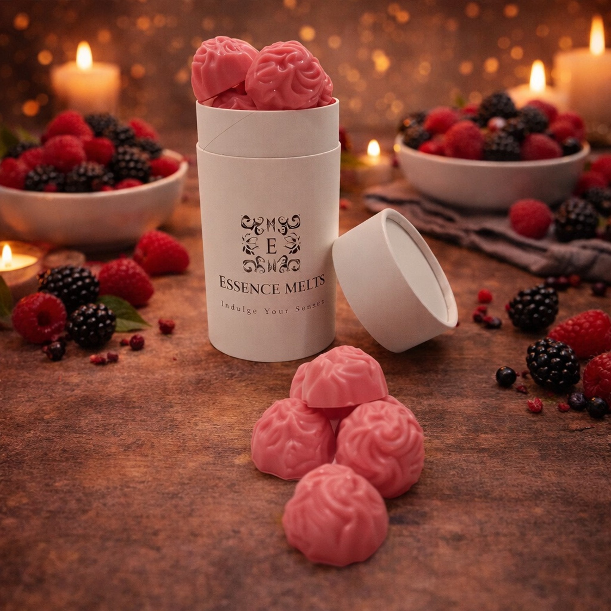 Wild Berry scented wax melts in Essence Melts container styled with raspberries, blackberries and cozy candlelight background.