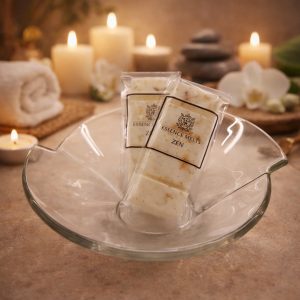 Zen Spa Wax Melts by Essence Melts styled in a luxurious spa setting with candles, orchid flowers and stacked stones.