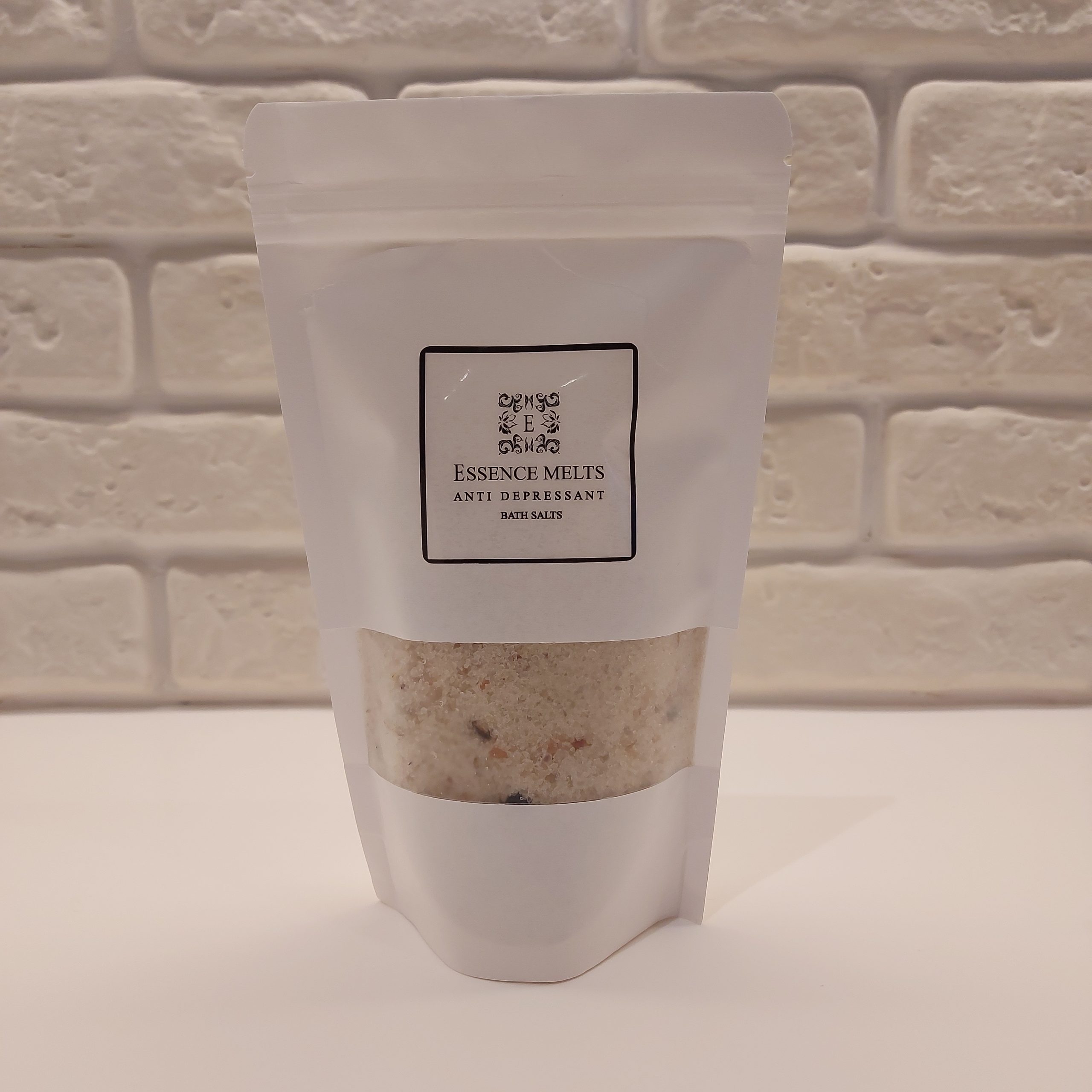 Anti Depressant Bath Salts in eco-friendly pouch with dried botanicals and essential oil ingredients