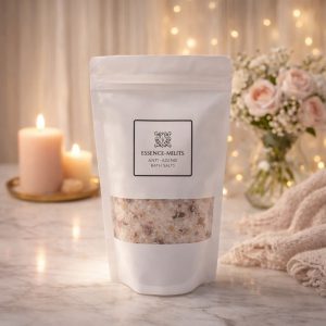 Essence Melts Anti Aging Bath Salts in white stand-up pouch with mineral salts and dried botanicals on warm marble background