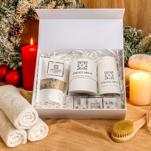 Spa Luxury Gift Box with candle, wax melts, bath salts, and shower steamers
