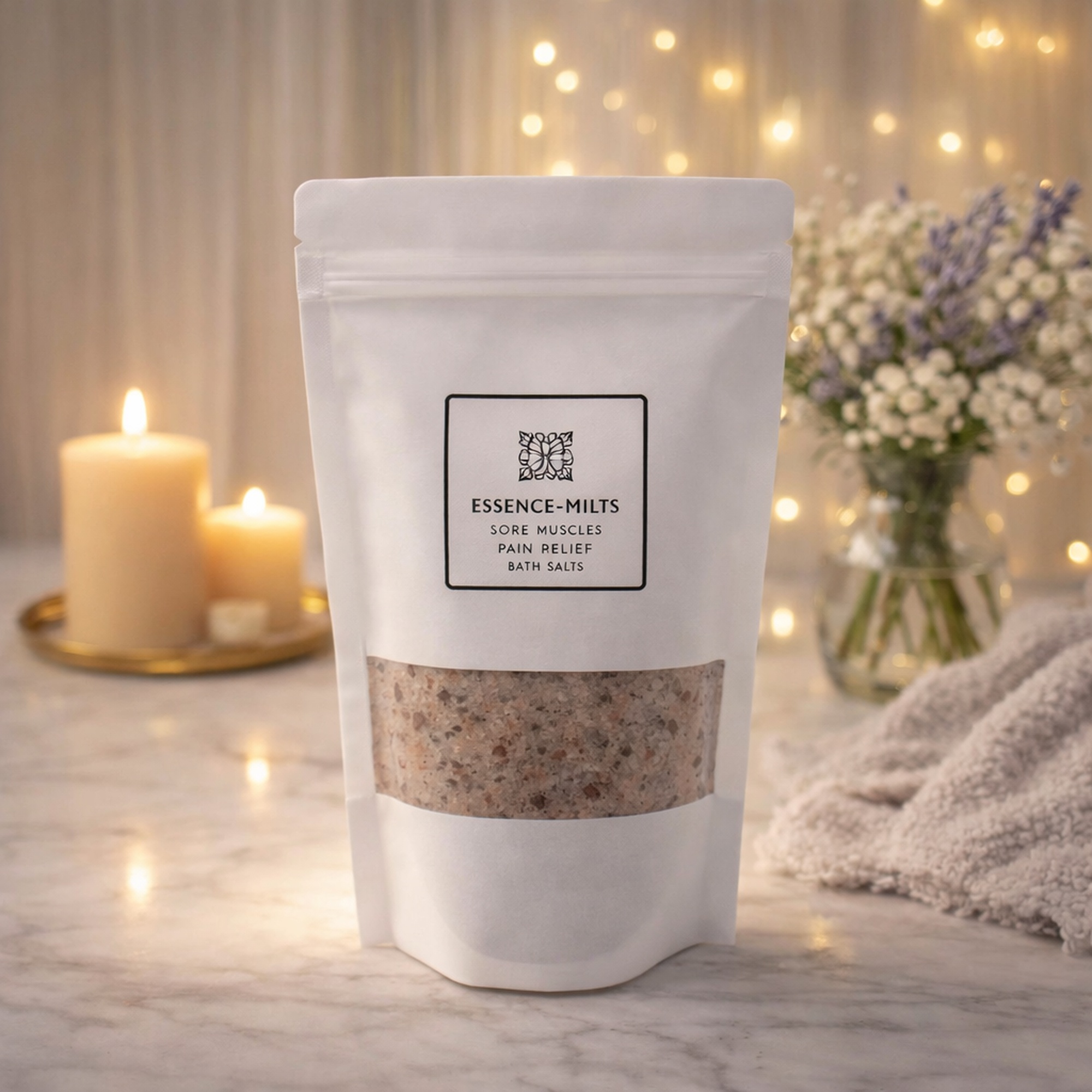 Essence Melts Sore Muscles and Pain Relief Bath Salts in white pouch with pink and mineral salt blend on cozy spa background
