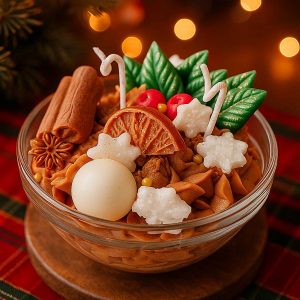Christmas Bowl Candle with festive wax details including snowballs, red berries, cinnamon sticks, and green leaves in a glass bowl.
