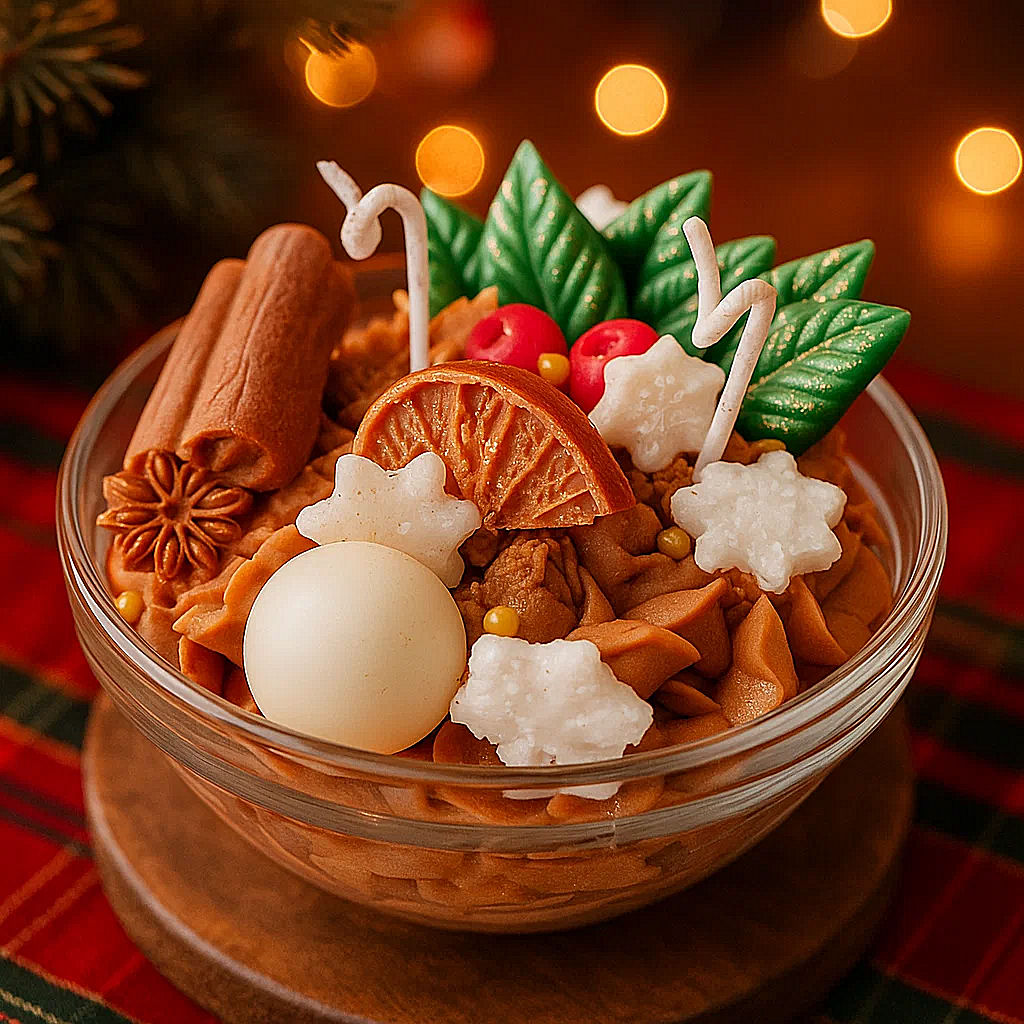 Christmas Bowl Candle with festive wax details including snowballs, red berries, cinnamon sticks, and green leaves in a glass bowl.