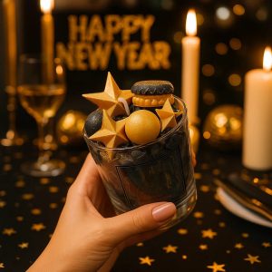 Black and gold marbled candle in a clear glass container, perfect for elegant New Year’s Eve décor.
