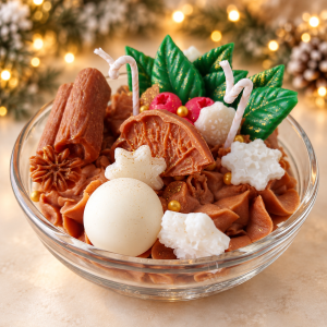 Christmas bowl candle with brown piped wax, white snowflakes, green leaves and gold accents in a clear glass bowl.