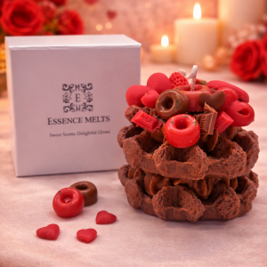 Chocolate waffle Valentine’s candle topped with red hearts, mini donuts, and chocolate details Valentine Cookie candle