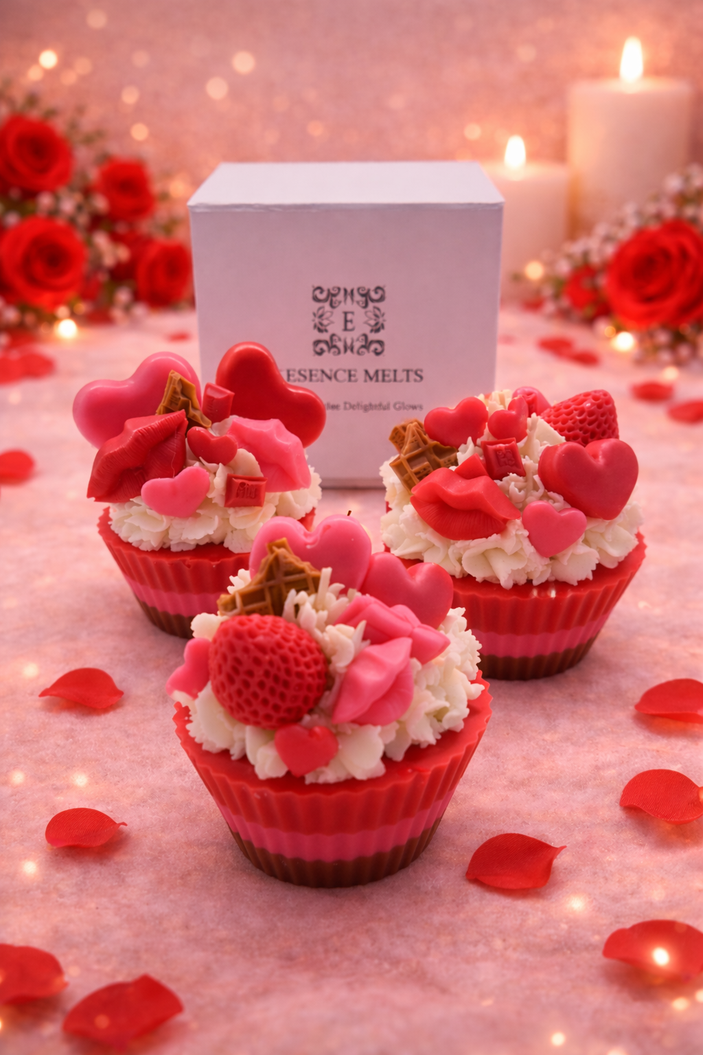 Three Valentine cupcake candles with heart, lips, chocolate and strawberry wax toppings, styled in a cozy romantic pink setting with rose petals and the Essence Melts gift box.