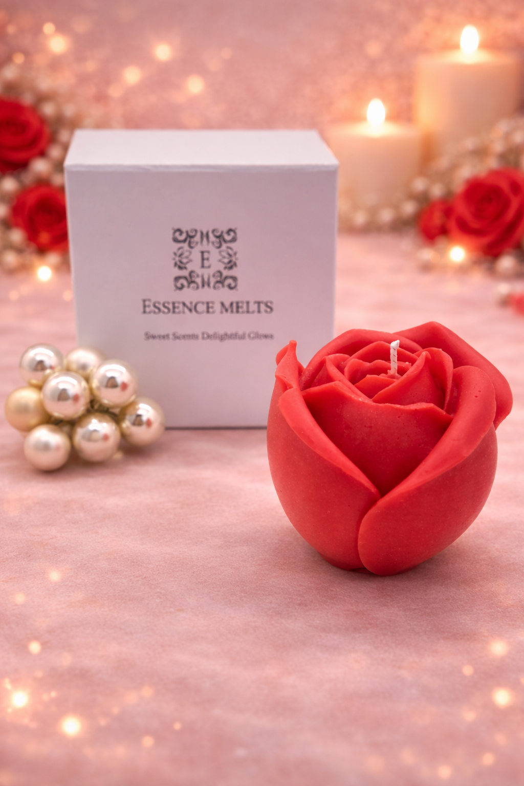 Red rose-shaped soy wax Valentine candle beside a white Essence Melts box and pearl decoration.