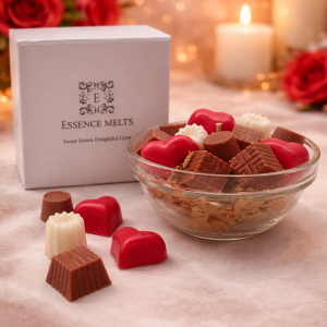 Valentine's Day chocolate truffle-inspired decorative candle in a glass bowl, surrounded by realistic wax chocolates and red heart shapes.