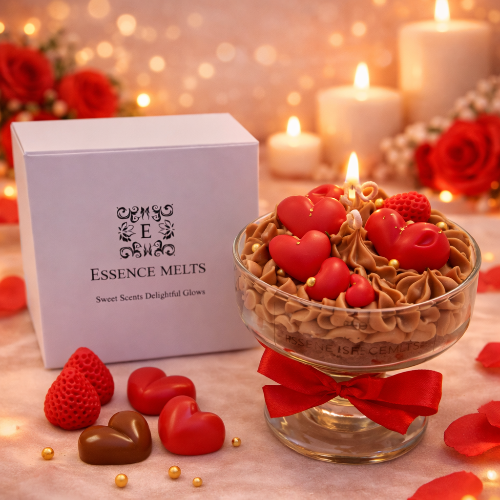 Chocolate Love Candle with gold flakes in a glass dessert-style vessel next to a white Essence Melts gift box, topped with red heart-shaped wax pieces and whipped chocolate-colored wax.