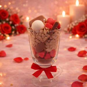 Chocolate Love candle in a glass cup, topped with whipped wax, heart-shaped red wax pieces, and wax chocolate bars.