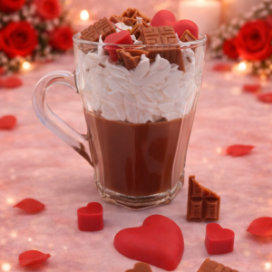 Decorative Valentine's Day candle in a glass cup, styled like hot chocolate with whipped wax, red hearts, and chocolate-shaped wax toppers.