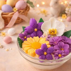Easter Floral Candle in a bowl, featuring colorful wax flowers made from eco-friendly soy and coconut wax.