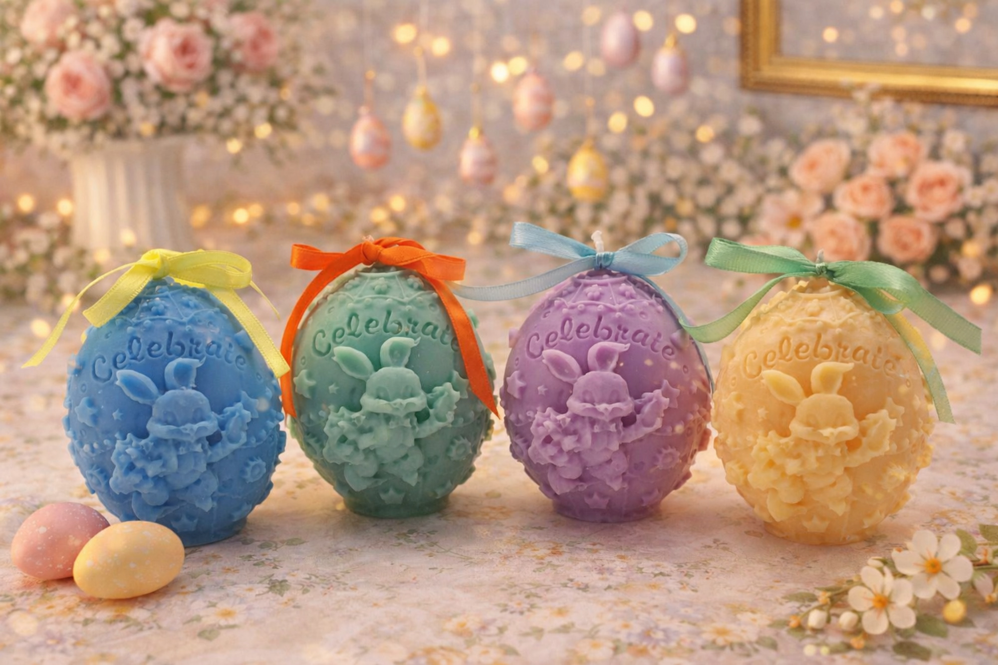 Easter Egg Small Candle in four pastel colors with bunny and floral detailing