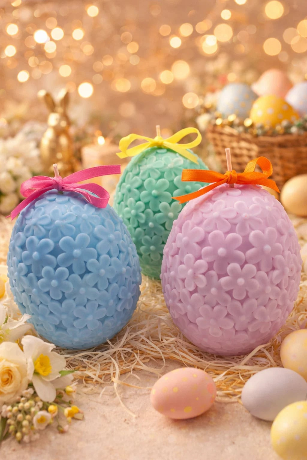 Easter Egg Candle with floral texture in pastel colors and decorative ribbon bows