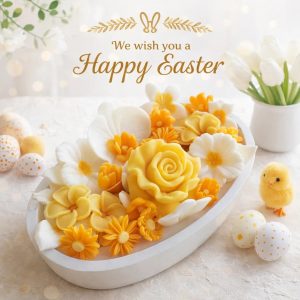 Yellow Floral Candle with handcrafted wax flowers in a white heat resistant bowl. Amber bloom Candle