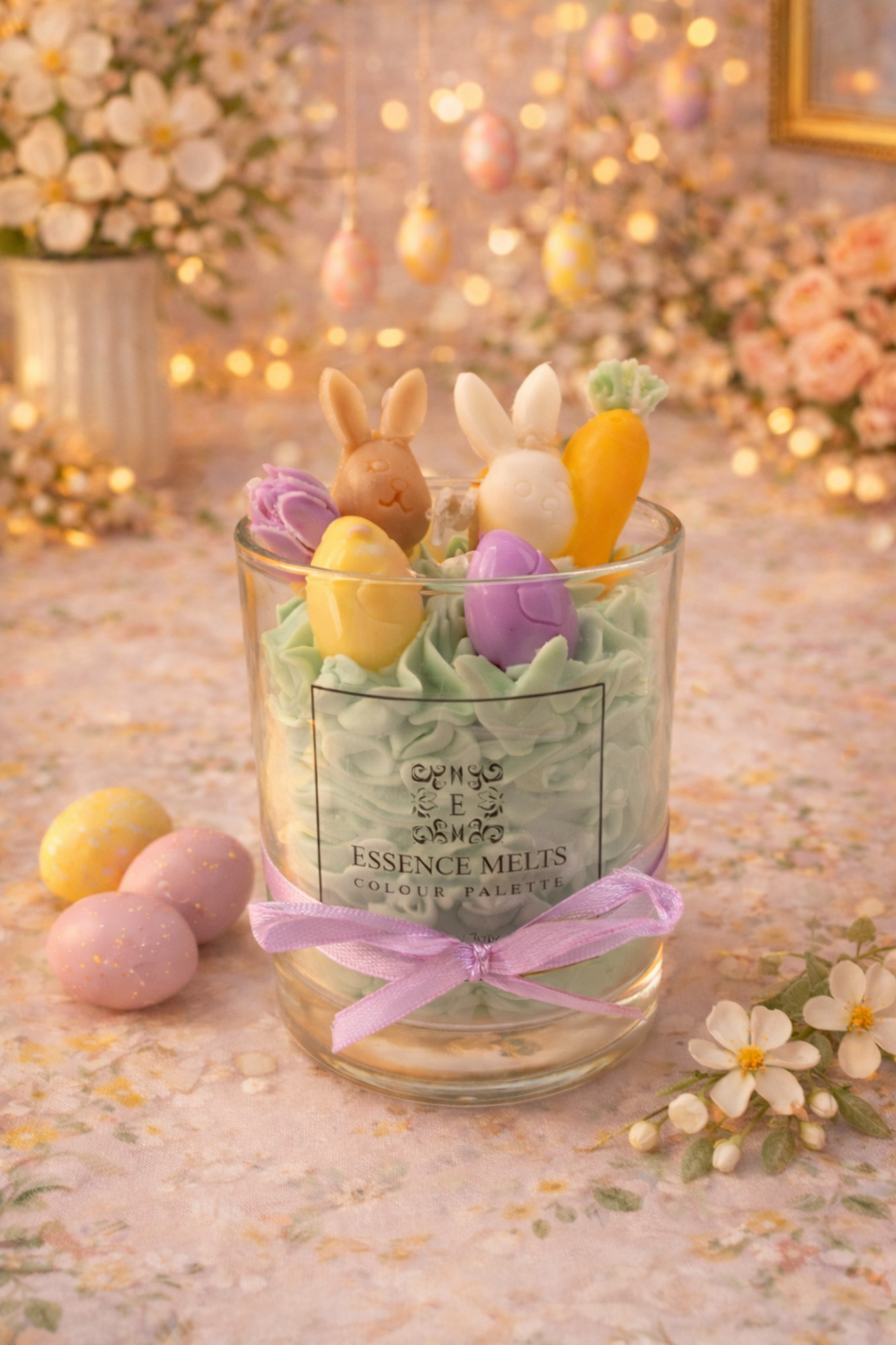 Easter-themed soy wax candle in glass with bunny, carrot, and egg decorations