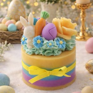 Pastel-colored Easter Cake Candle with jasmine scent and decorative icing detail, displayed on a neutral background.