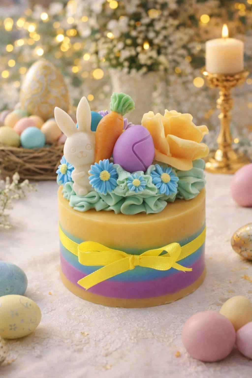 Pastel-colored Easter Cake Candle with jasmine scent and decorative icing detail, displayed on a neutral background.