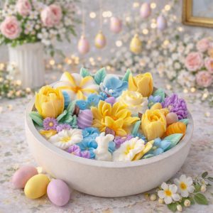 Handcrafted wax floral candle centerpiece featuring vibrant yellow, white, lavender, and blue flowers with bunny and butterfly accents in a white heat resistant bowl. Blossom Paradise