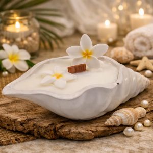 Spring Bloom orange blossom candle in a white, heat-resistant container with minimalist design. Spa candles