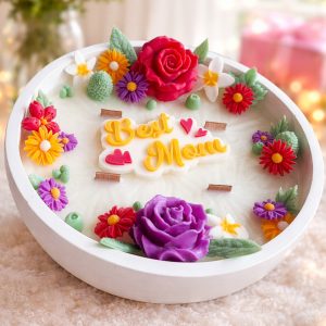 Mother’s Bloom white musk and lavender scented candle with floral design and four wooden wicks